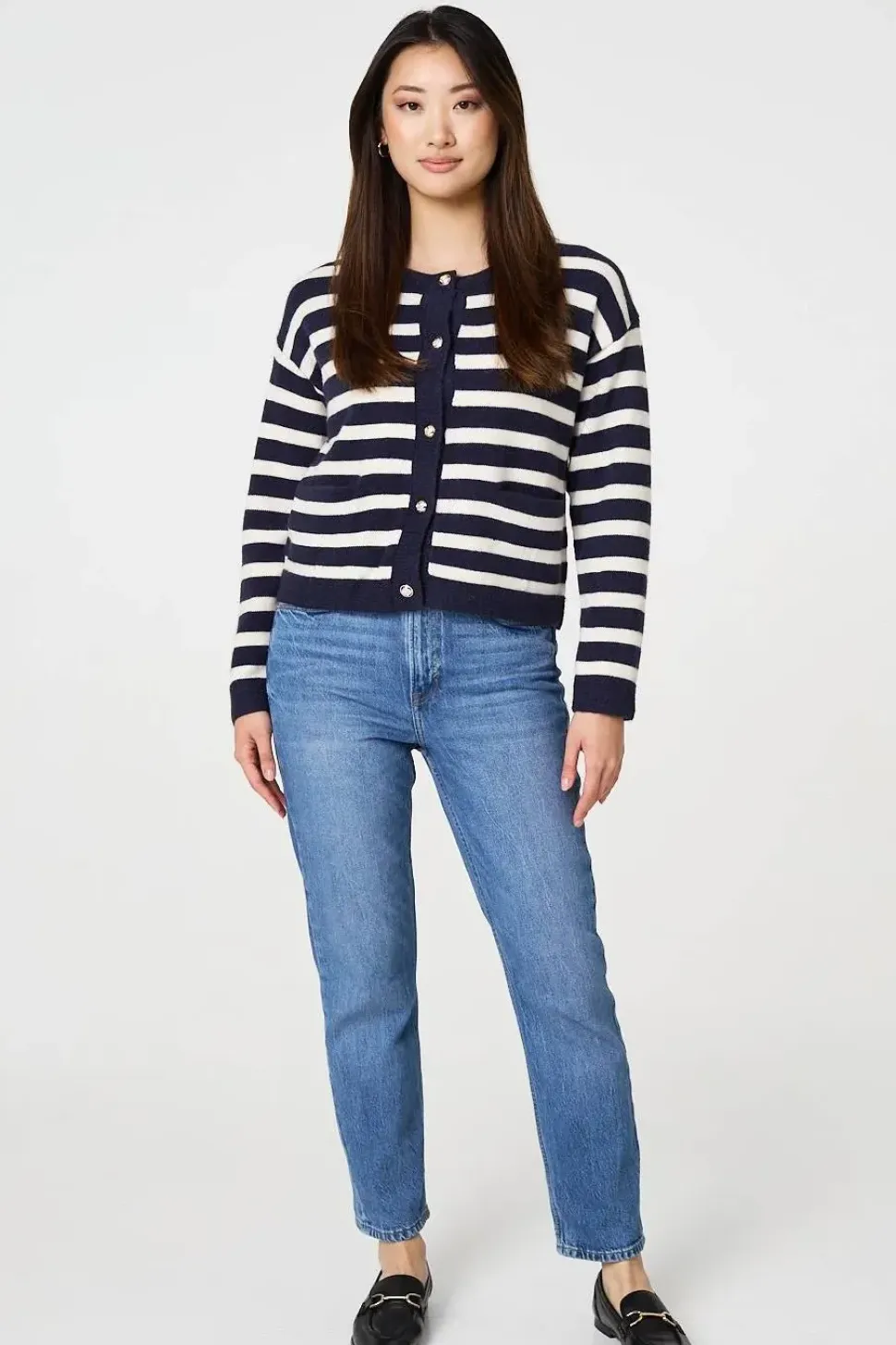 Striped Button Detail Cropped Cardigan