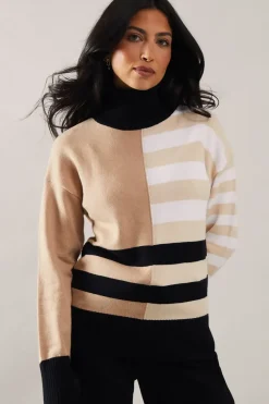 Striped Colourblock Roll Neck Jumper