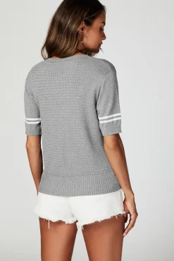 Striped Detail Knitted T-Shirt with Crew Neck In Grey