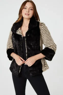 Striped Faux Fur 3/4 Sleeve Jacket