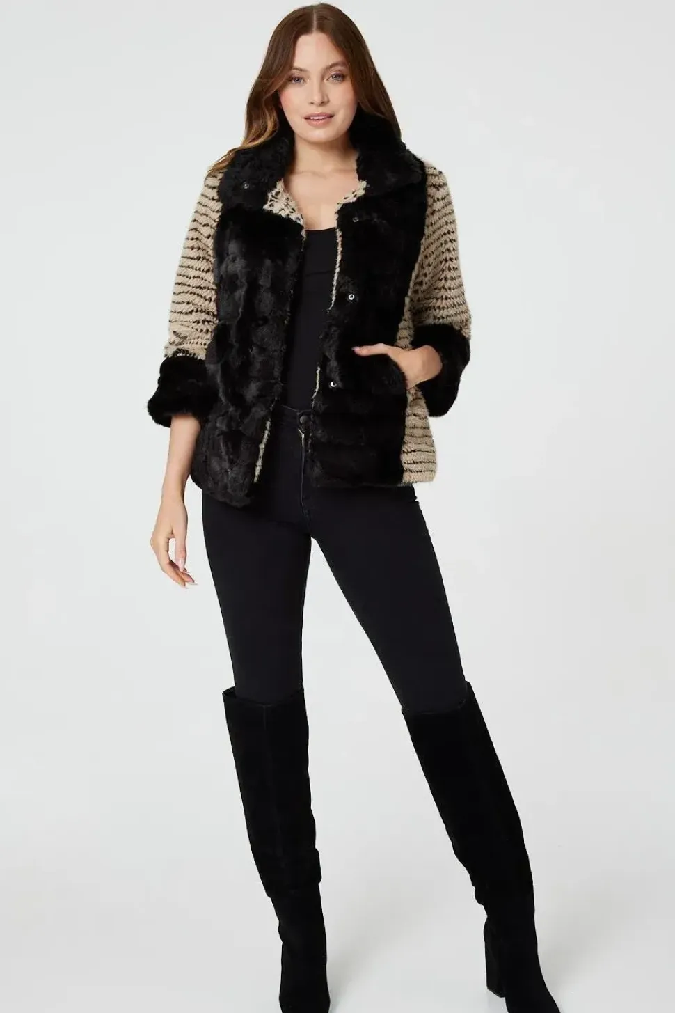 Striped Faux Fur 3/4 Sleeve Jacket