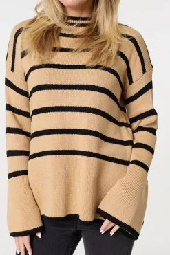 Striped Flare Sleeve Roll Neck Jumper