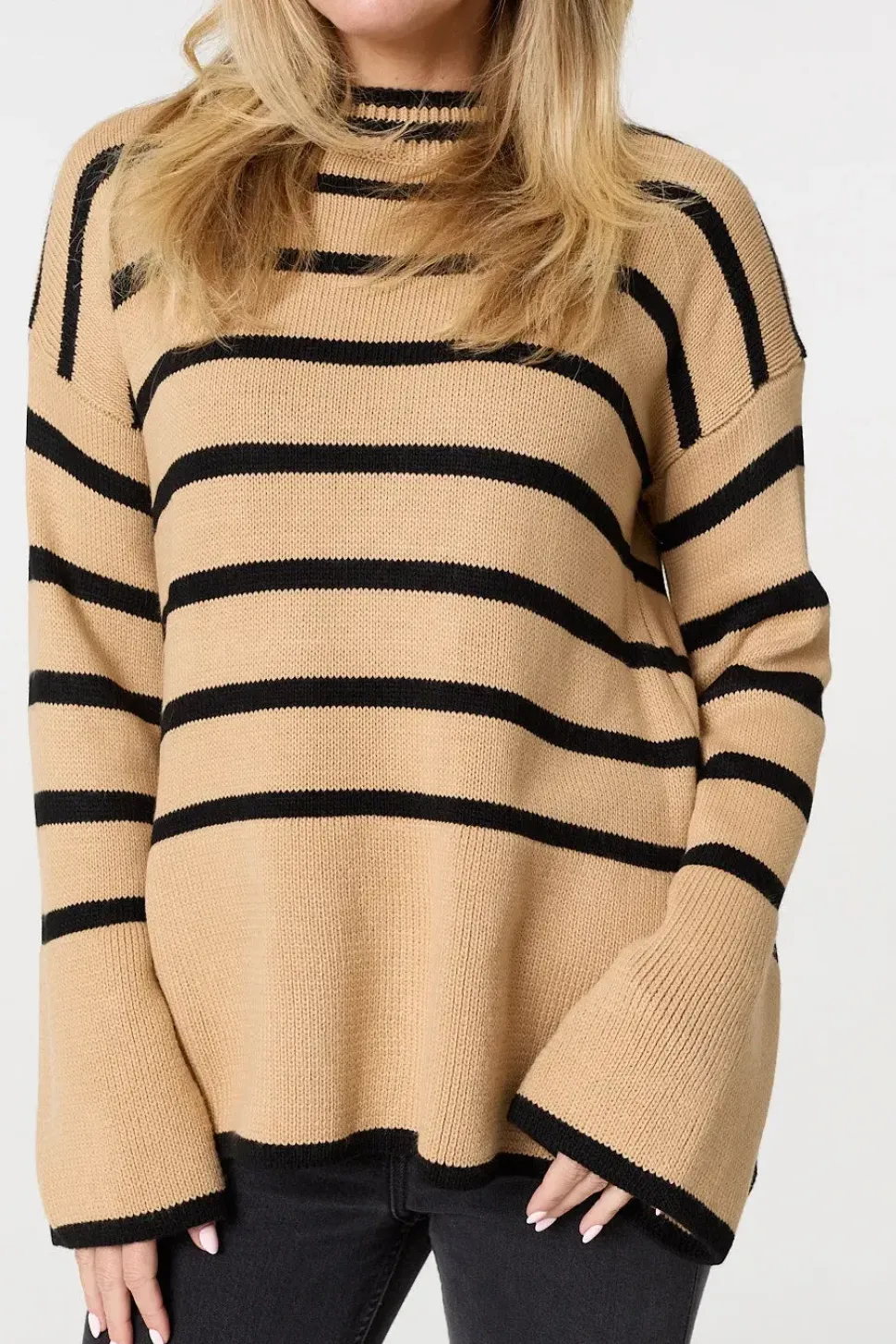 Striped Flare Sleeve Roll Neck Jumper