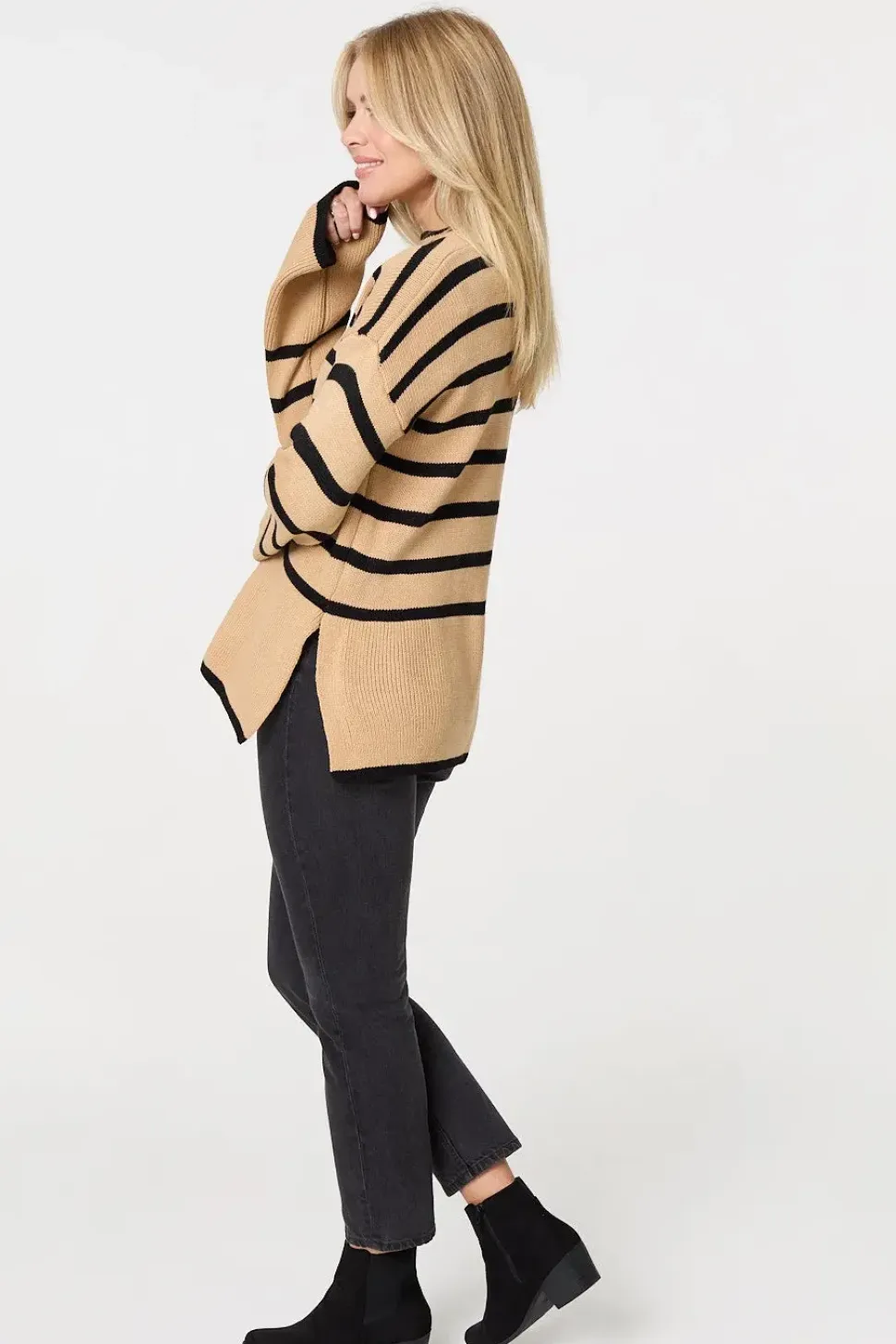 Striped Flare Sleeve Roll Neck Jumper