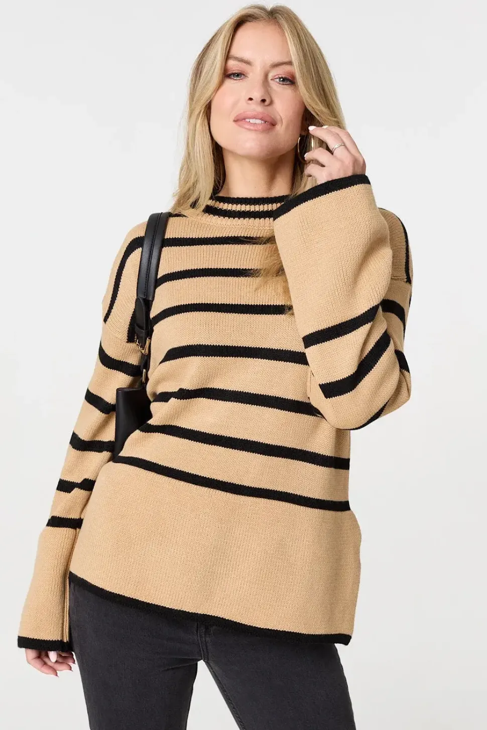 Striped Flare Sleeve Roll Neck Jumper