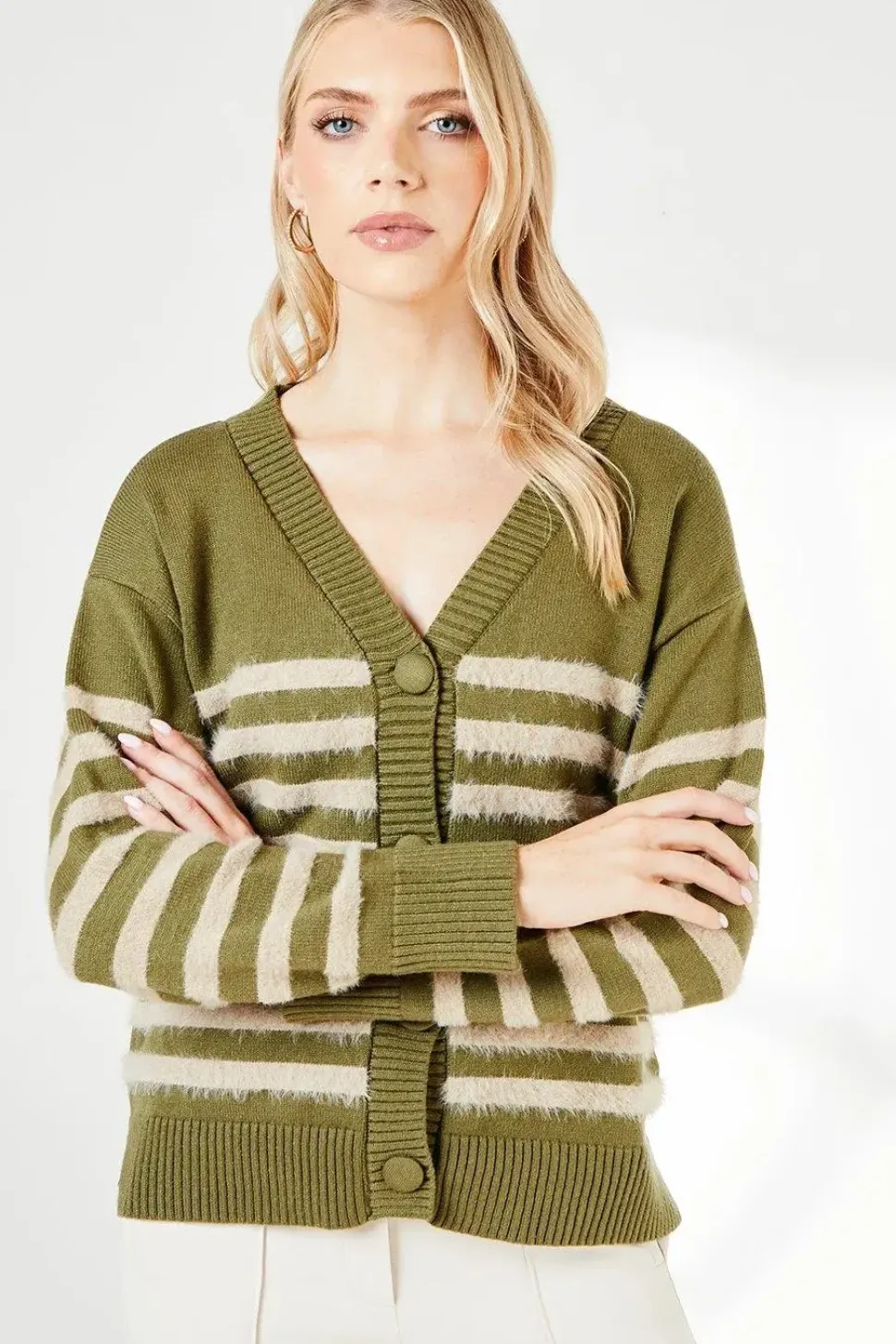 Striped Knitted Button Through Cardigan