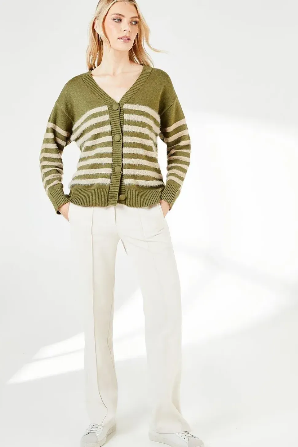 Striped Knitted Button Through Cardigan