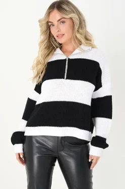 Striped Knitted Jumper With Zip Neck