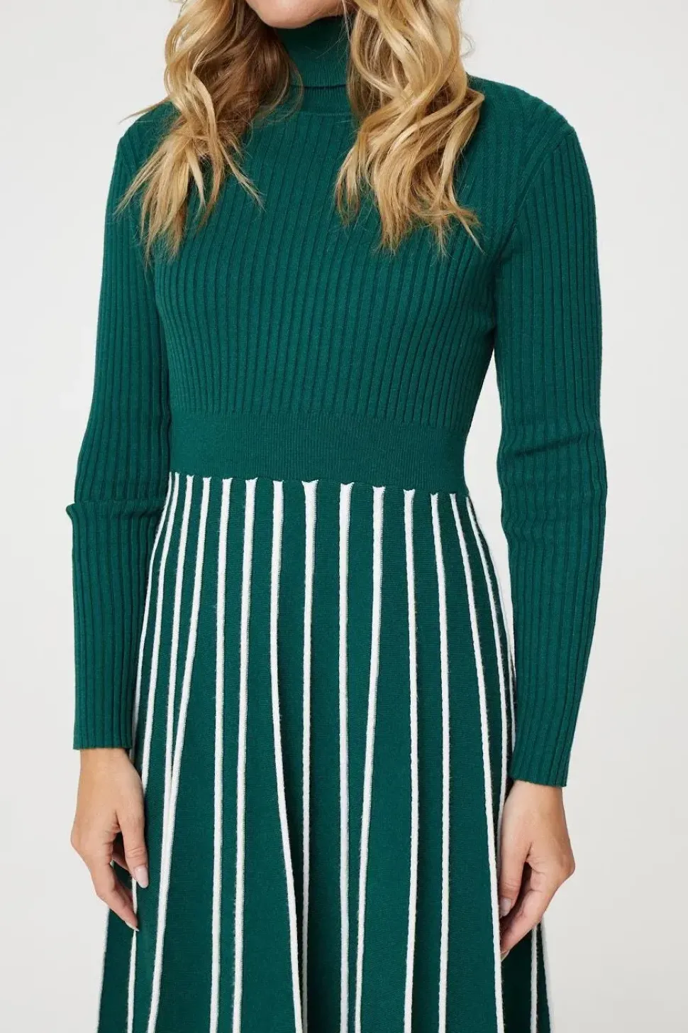 Striped Knit Top High Neck Midi Dress