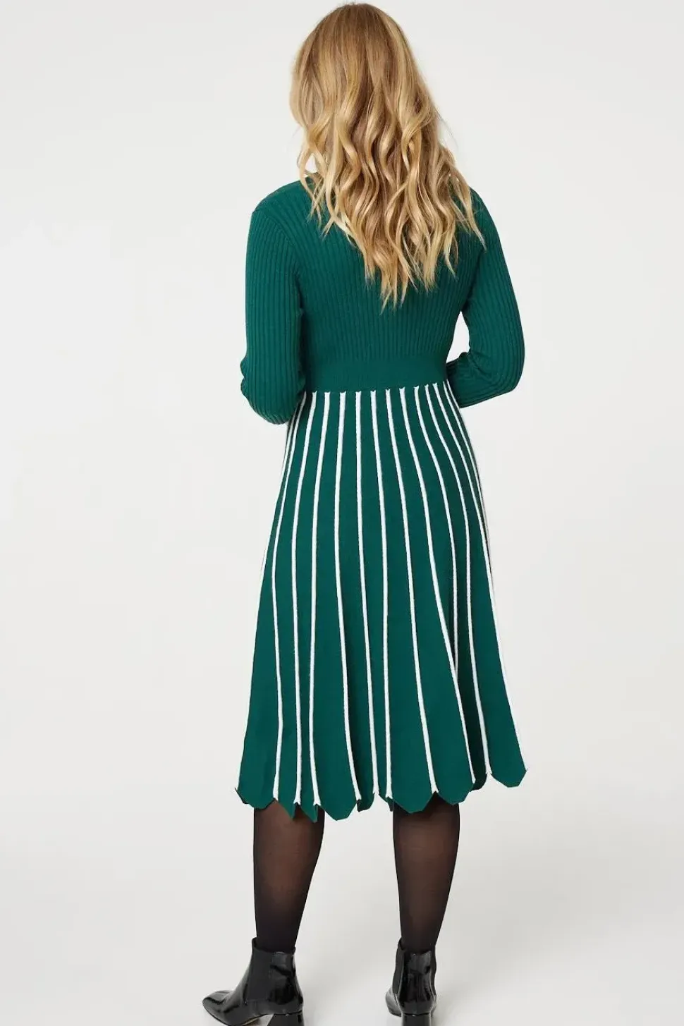Striped Knit Top High Neck Midi Dress