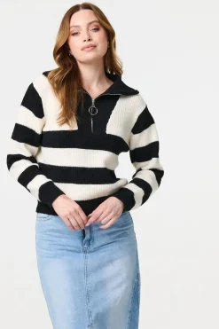 Striped Knit 1/4 Zip High Neck Pullover
