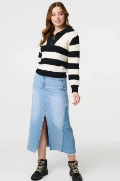 Striped Knit 1/4 Zip High Neck Pullover