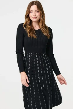 Striped Long Sleeve Midi Knit Dress