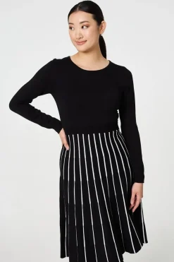 Striped Pleat Skirt Knitted Midi Dress
