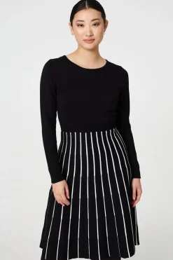Striped Pleat Skirt Knitted Midi Dress