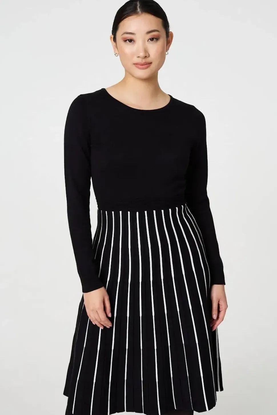 Striped Pleat Skirt Knitted Midi Dress