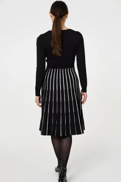 Striped Pleat Skirt Knitted Midi Dress