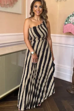 Striped Print One Shoulder Pleated Midi Dress