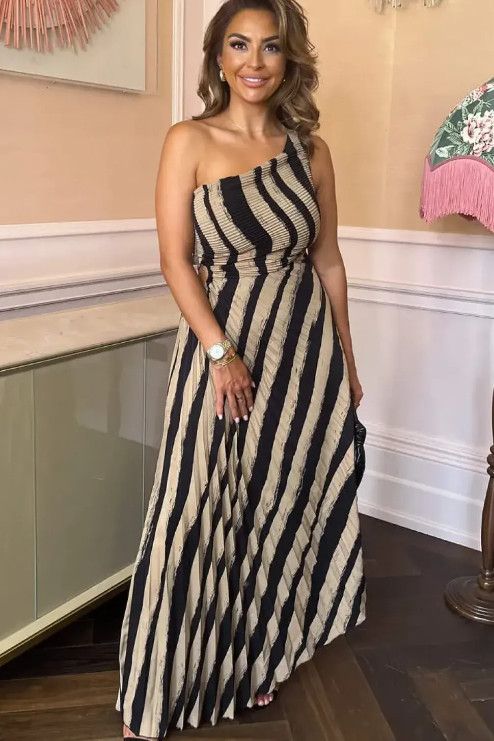 Striped Print One Shoulder Pleated Midi Dress