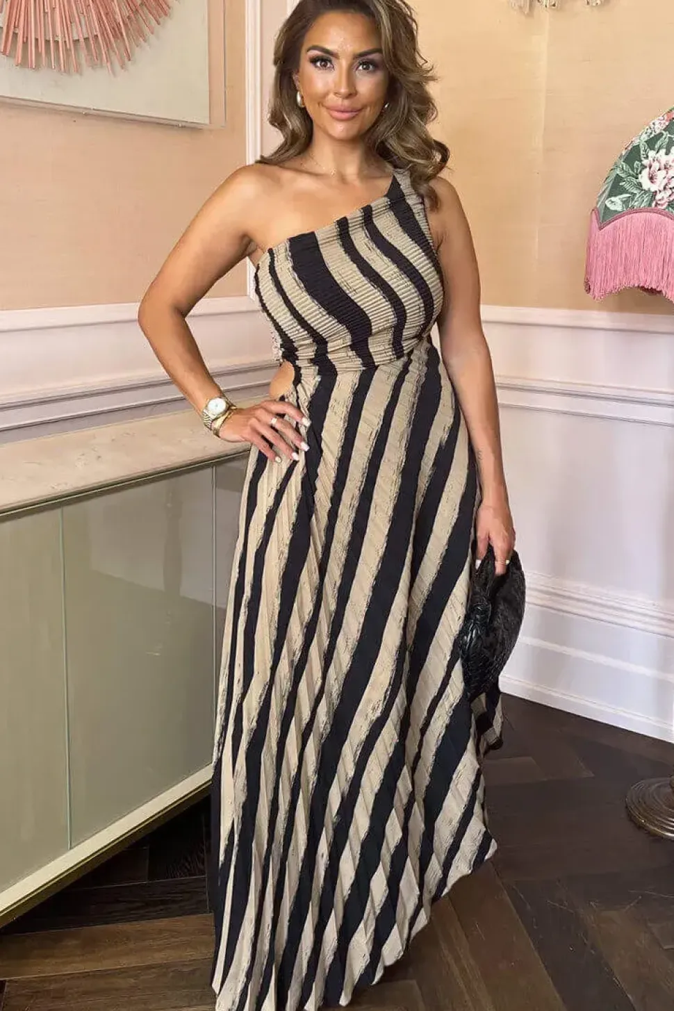 Striped Print One Shoulder Pleated Midi Dress