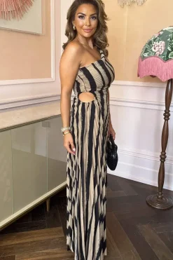 Striped Print One Shoulder Pleated Midi Dress