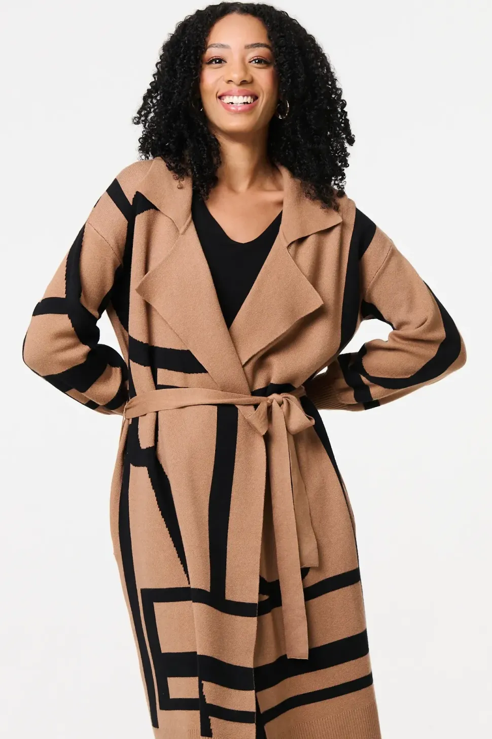 Striped Print Tie Waist Longline Coat