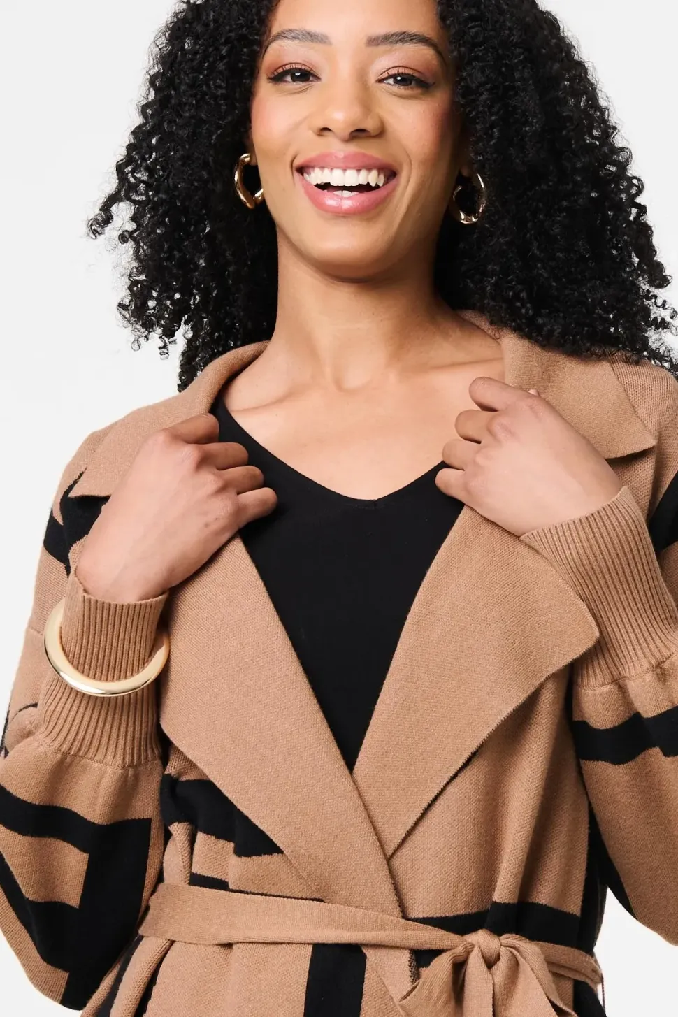 Striped Print Tie Waist Longline Coat