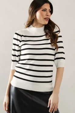 Striped Puff Sleeve Fine Gauge Knitted Top