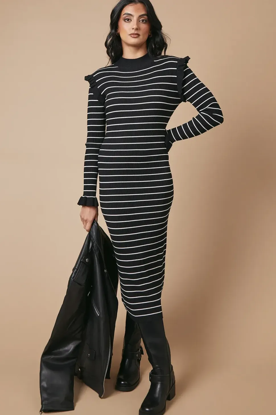 Striped Ribbed Frill Shoulder Knitted Midi Dress