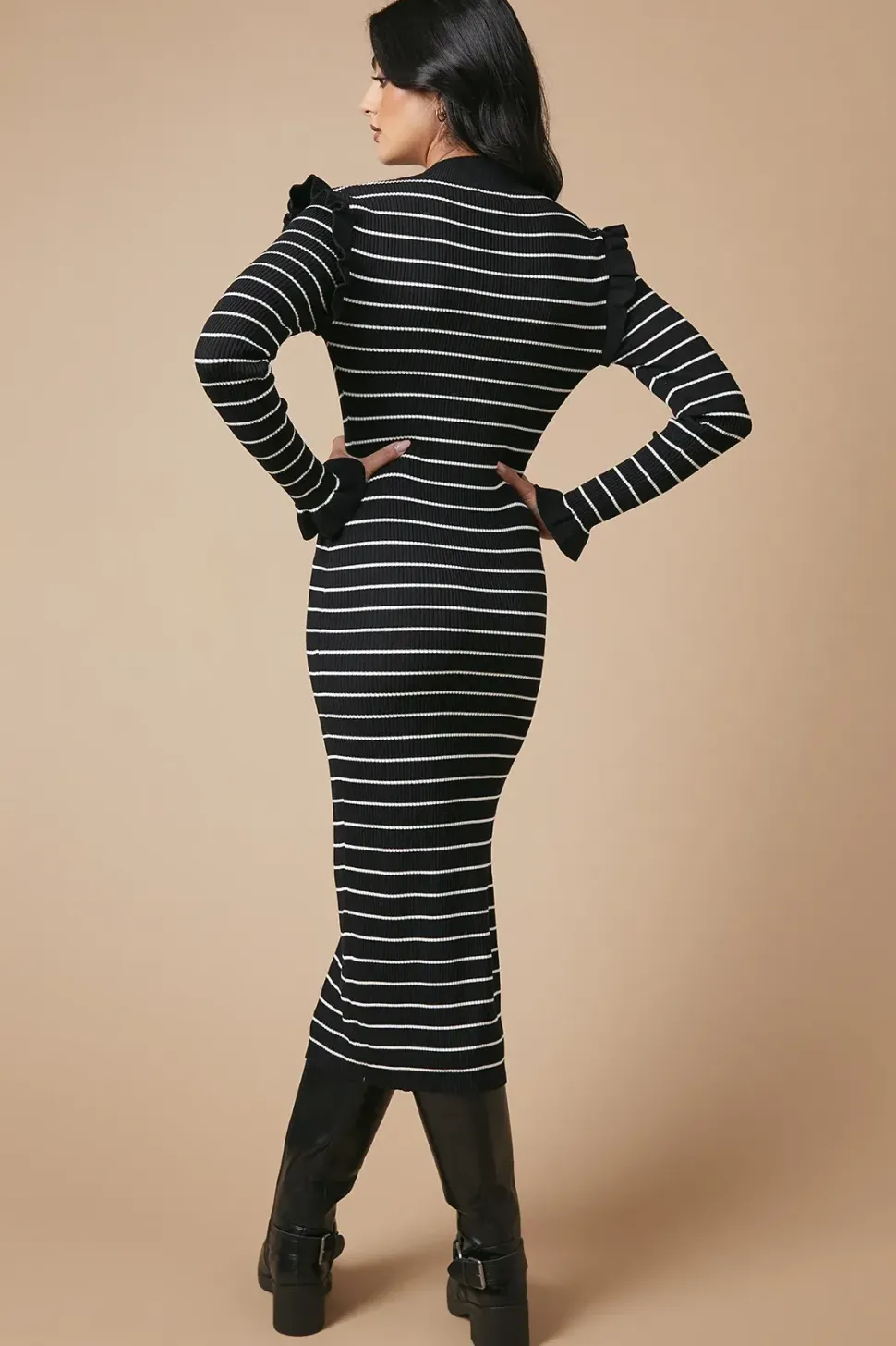 Striped Ribbed Frill Shoulder Knitted Midi Dress