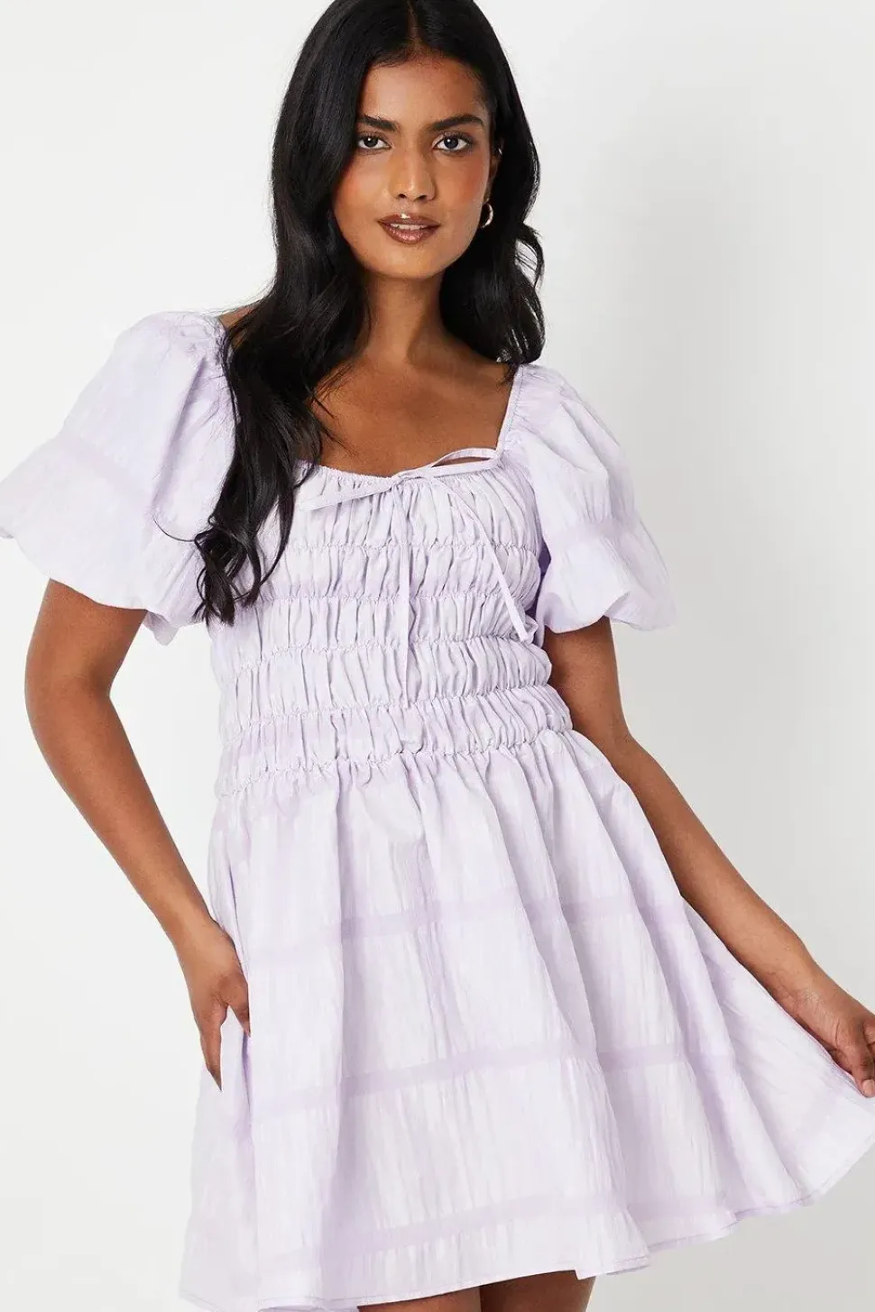 Striped Seersucker Bardot Puff Sleeve Shirred Mini Dress