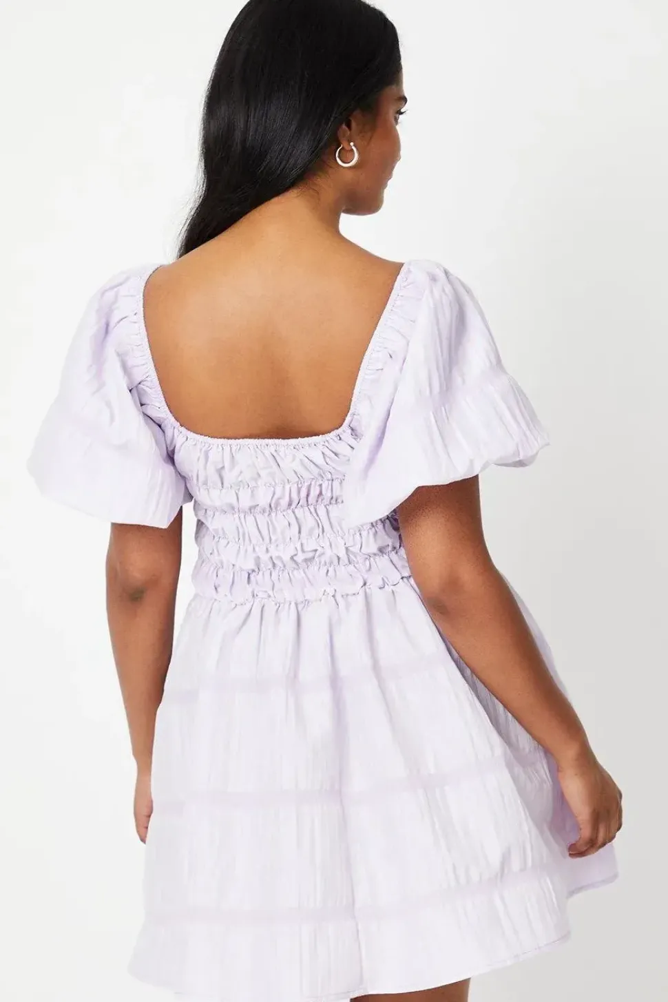 Striped Seersucker Bardot Puff Sleeve Shirred Mini Dress