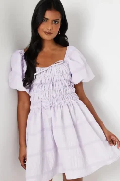 Striped Seersucker Bardot Puff Sleeve Shirred Mini Dress