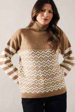 Striped Sleeve Fairisle Front Roll Neck Jumper