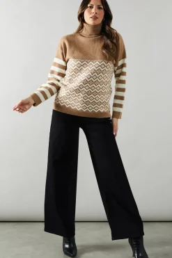 Striped Sleeve Fairisle Front Roll Neck Jumper