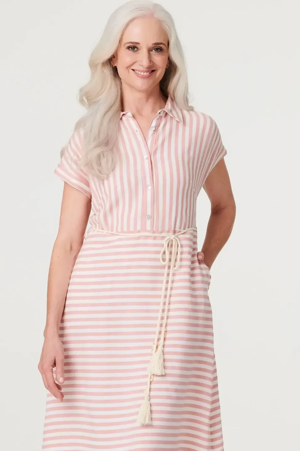 Striped Tie Waist Knee Length Dress