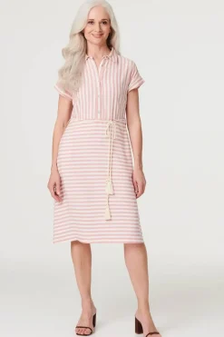 Striped Tie Waist Knee Length Dress