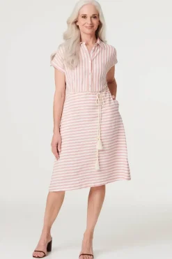 Striped Tie Waist Knee Length Dress