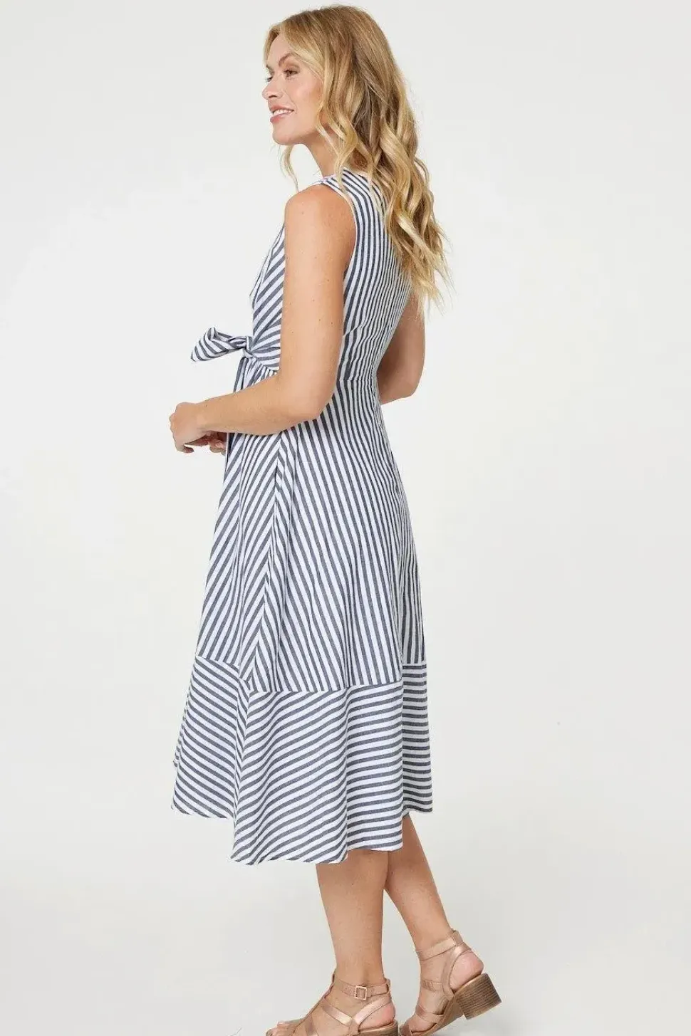 Striped Tie Waist Tiered Midi Dress