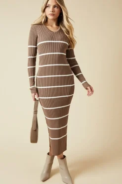 Striped V Neck Bodycon Knitted Midi Dress