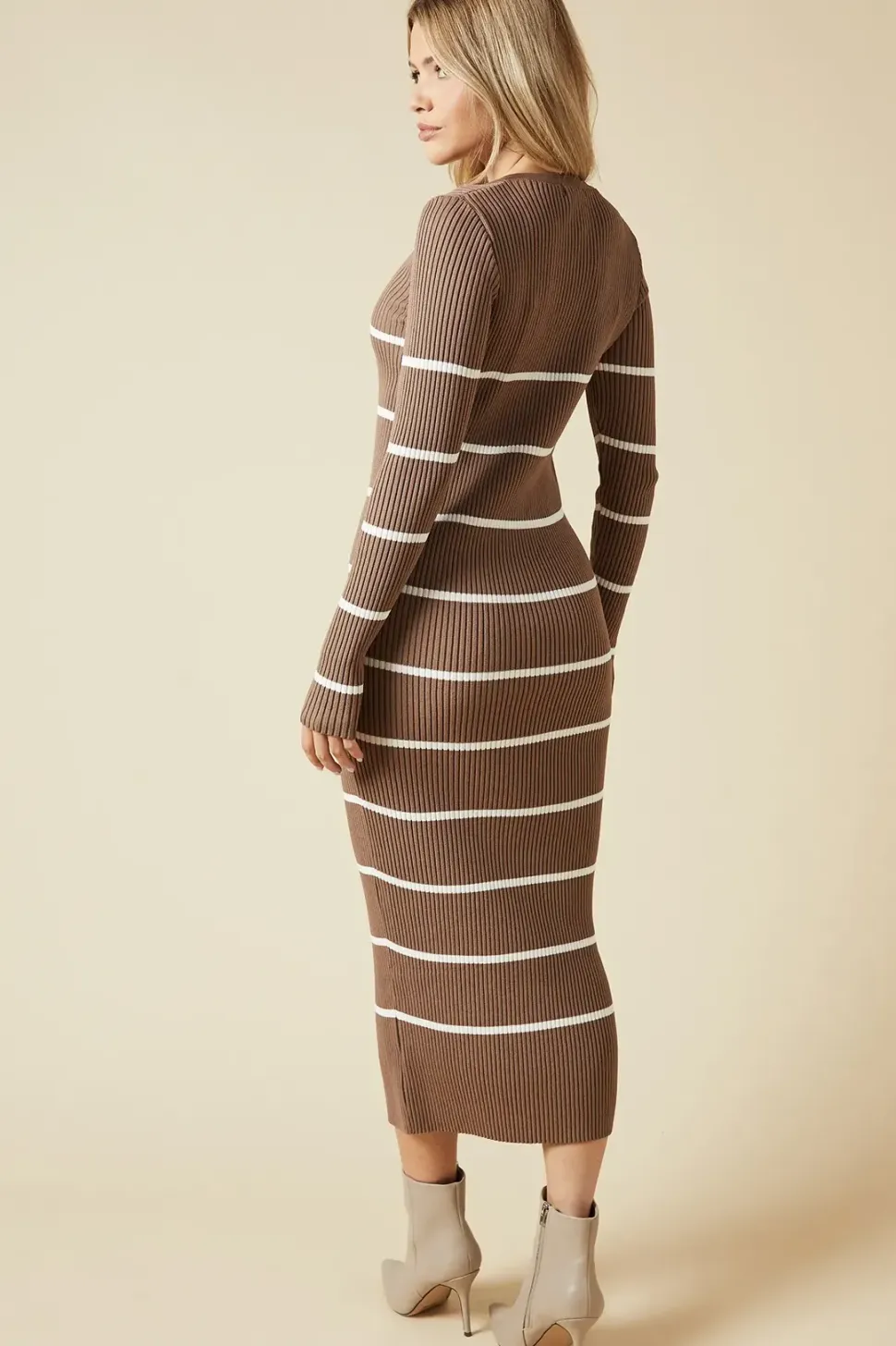 Striped V Neck Bodycon Knitted Midi Dress