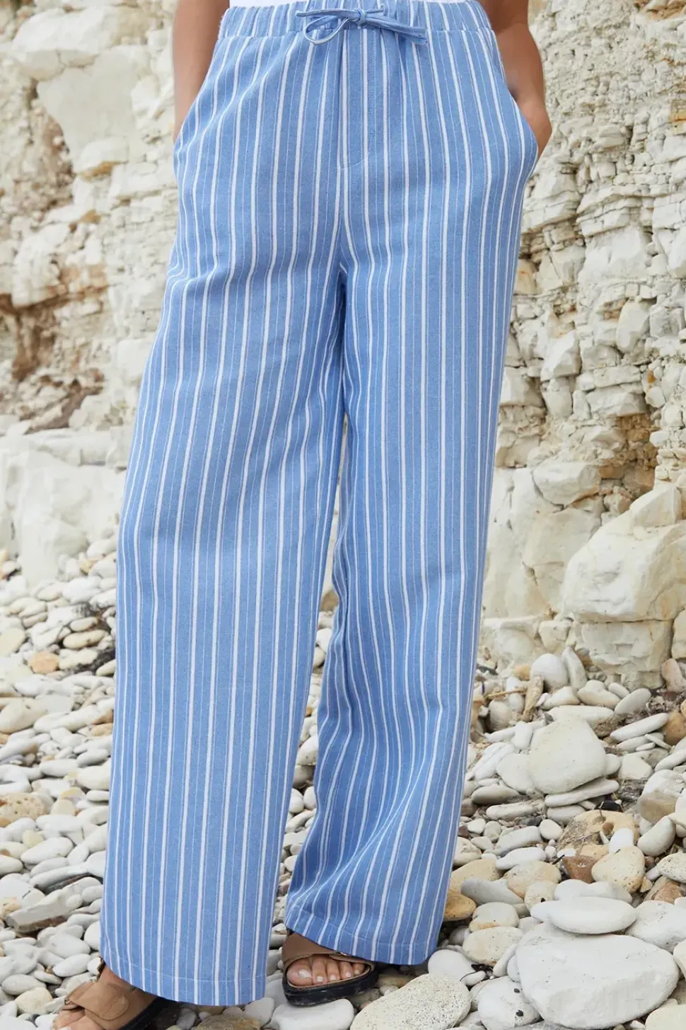 Striped 'Dannie' Cotton Blend Drawcord Wide Leg Trousers