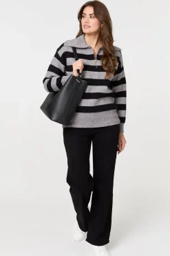 Striped Zip Neck Collared Pullover