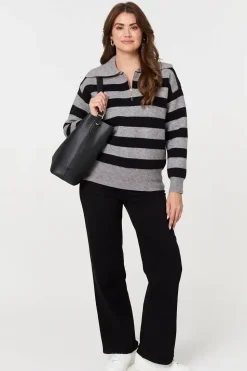 Striped Zip Neck Collared Pullover