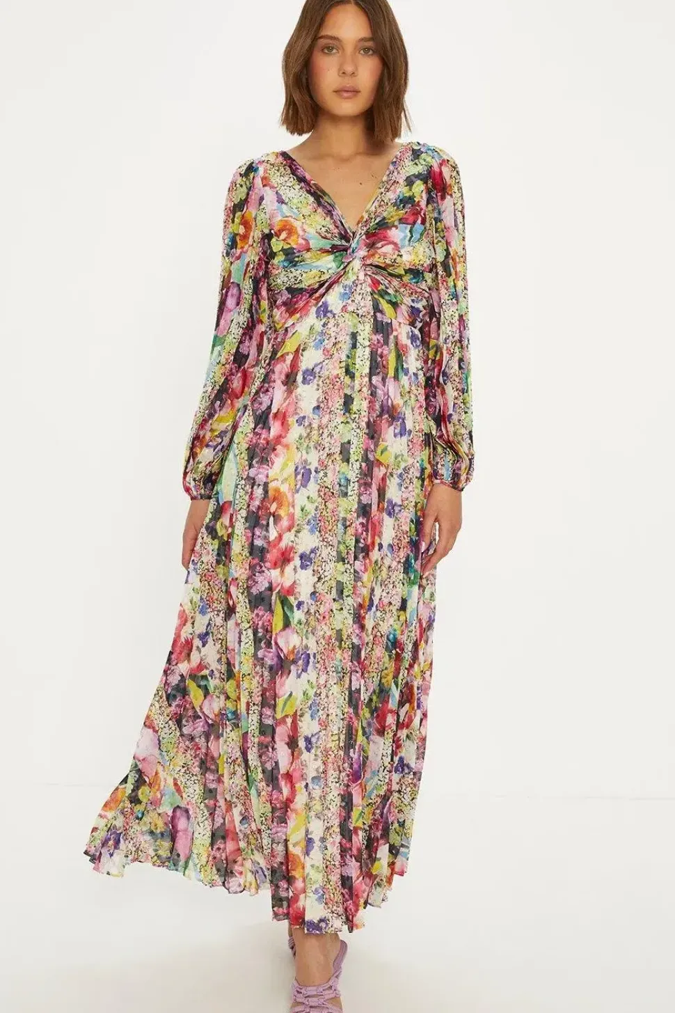Stripe Floral Pleated Metallic Twist Midi Dress