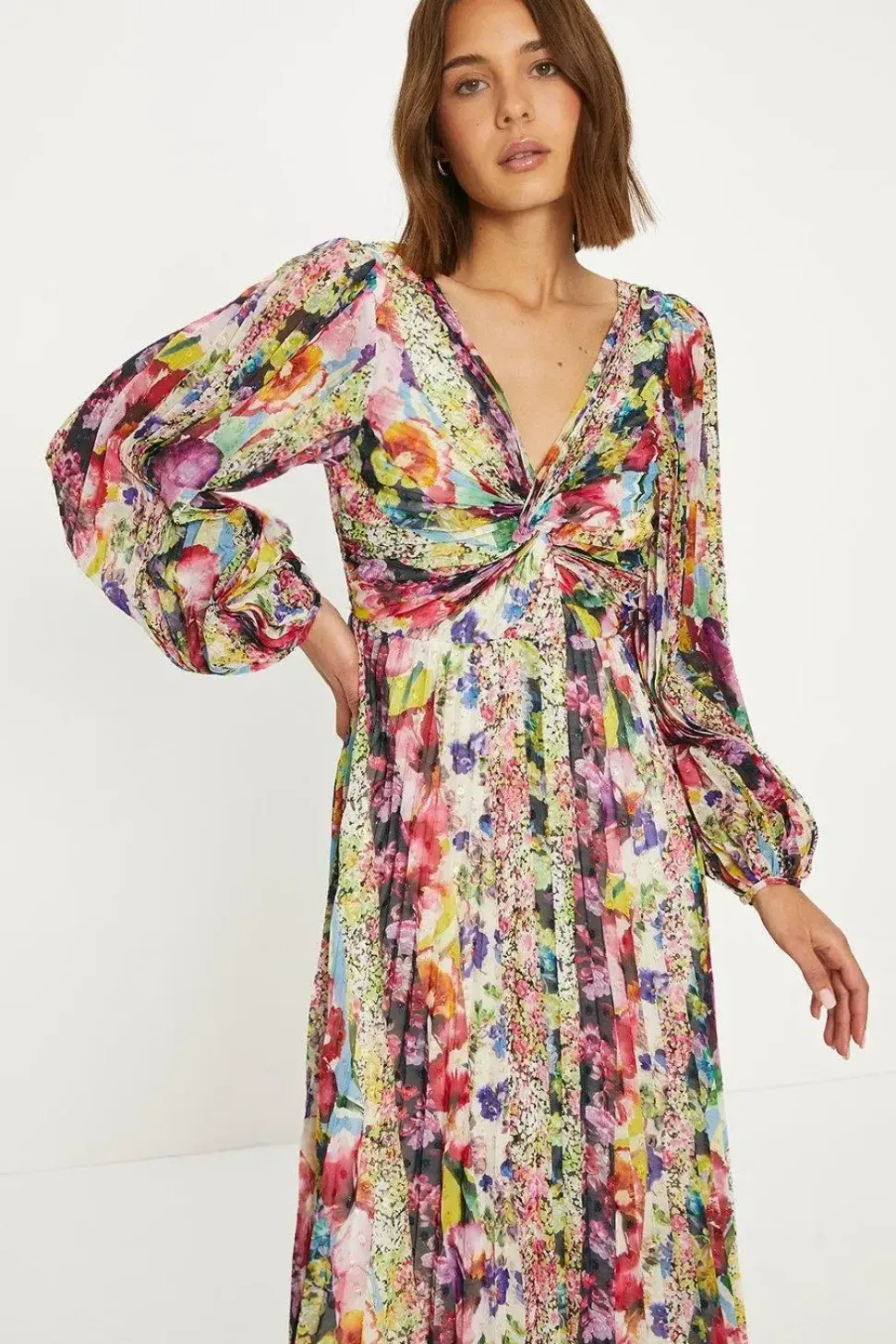 Stripe Floral Pleated Metallic Twist Midi Dress