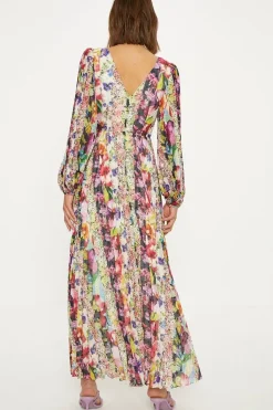 Stripe Floral Pleated Metallic Twist Midi Dress