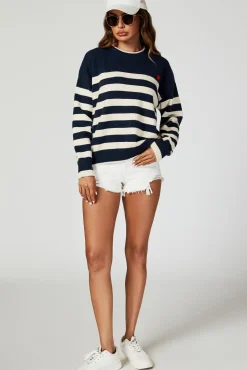 Stripe Jumper with Heart Embroidery In Navy