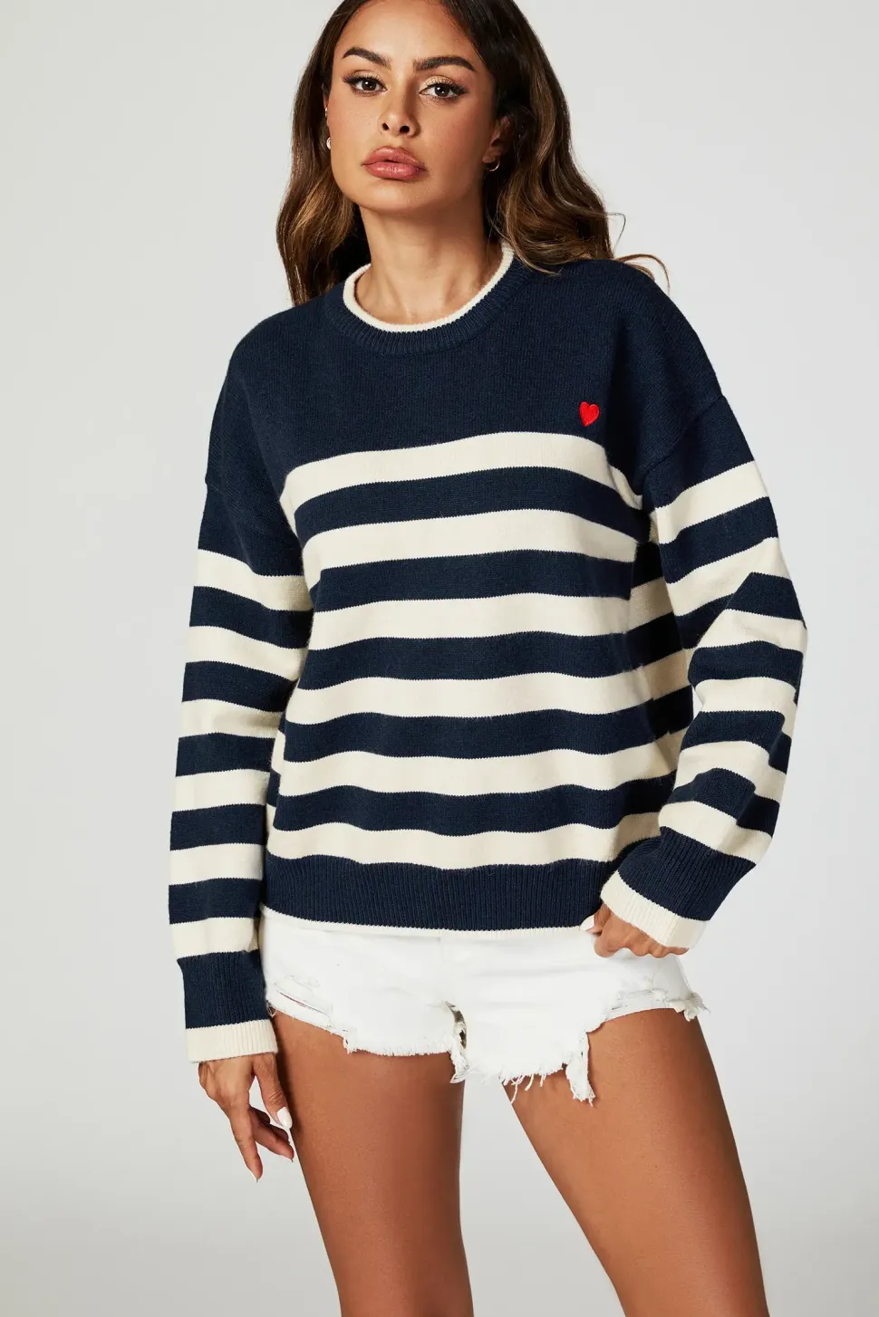 Stripe Jumper with Heart Embroidery In Navy