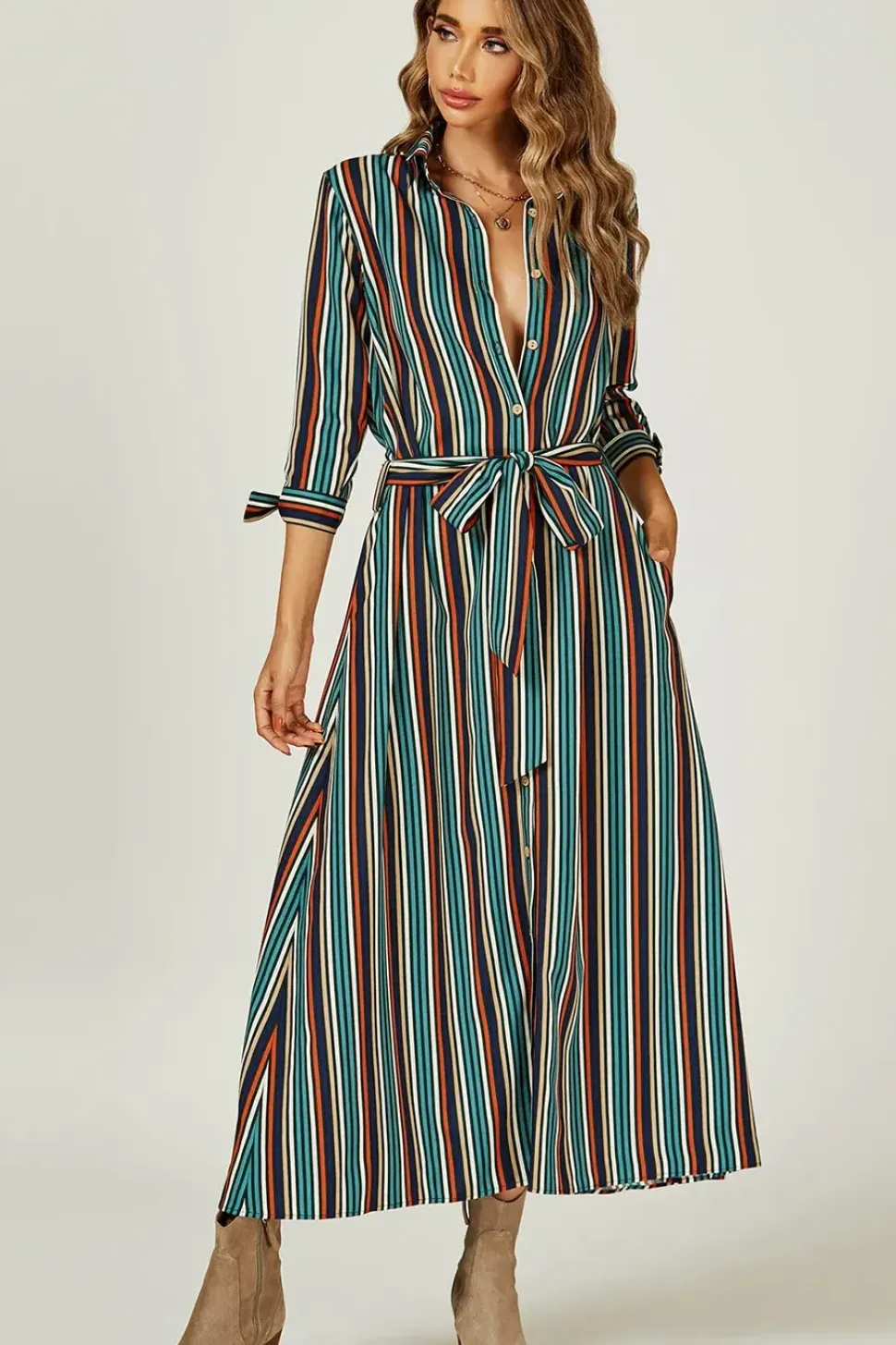 Stripe Multi Colour Printed Maxi Shirt Dress